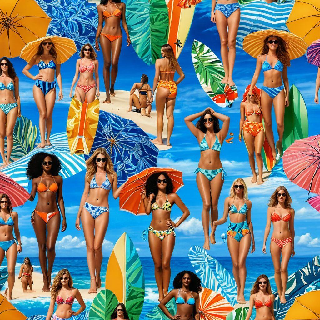 A sun-kissed beach scene featuring diverse models showcasing vibrant and trendy swimwear. Include playful beach elements like colorful umbrellas, surfboards, and tropical drinks. Capture the essence of summer with a bright blue sky and sparkling ocean waves in the background. Highlight bold patterns and stylish designs in the swimwear to emphasize the latest trends. super-realistic. vibrant colors. sunny atmosphere.