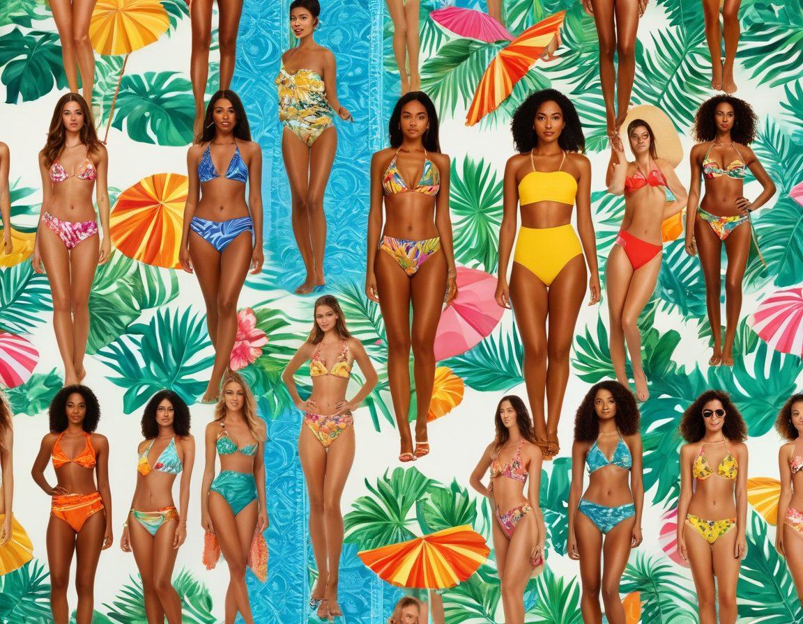 A collage of diverse swimwear styles showcasing bold patterns and vibrant colors, featuring models of different ethnicities on a sun-kissed beach. Include elements like palm trees, beach towels, and colorful beach umbrellas to create a festive atmosphere. Emphasize the contrast between sensual and exotic designs, highlighting the latest trends in adult beachwear fashion. Super-realistic. Bright and vivid colors.